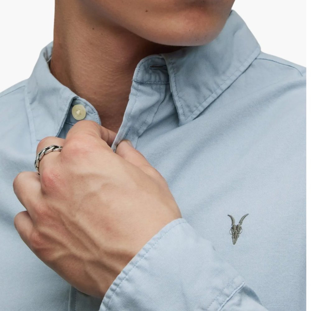 New Allsaints Hawthorne Slim Fit Stretch Cotton Shirt Chilled Blue size XL